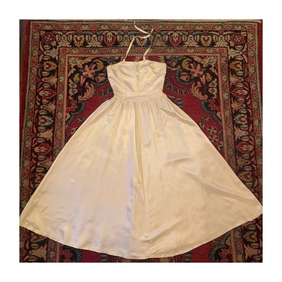 Silk 1940s Vintage Satin Ivory XS Small Halterneck Low-Back Fit Flare Maxi Dress - Picture 6 of 10